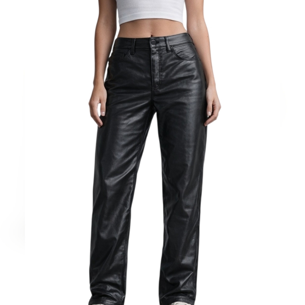 Old Navy Black Faux Leather High-Rise O.G. Straight Pants (Size: 12)